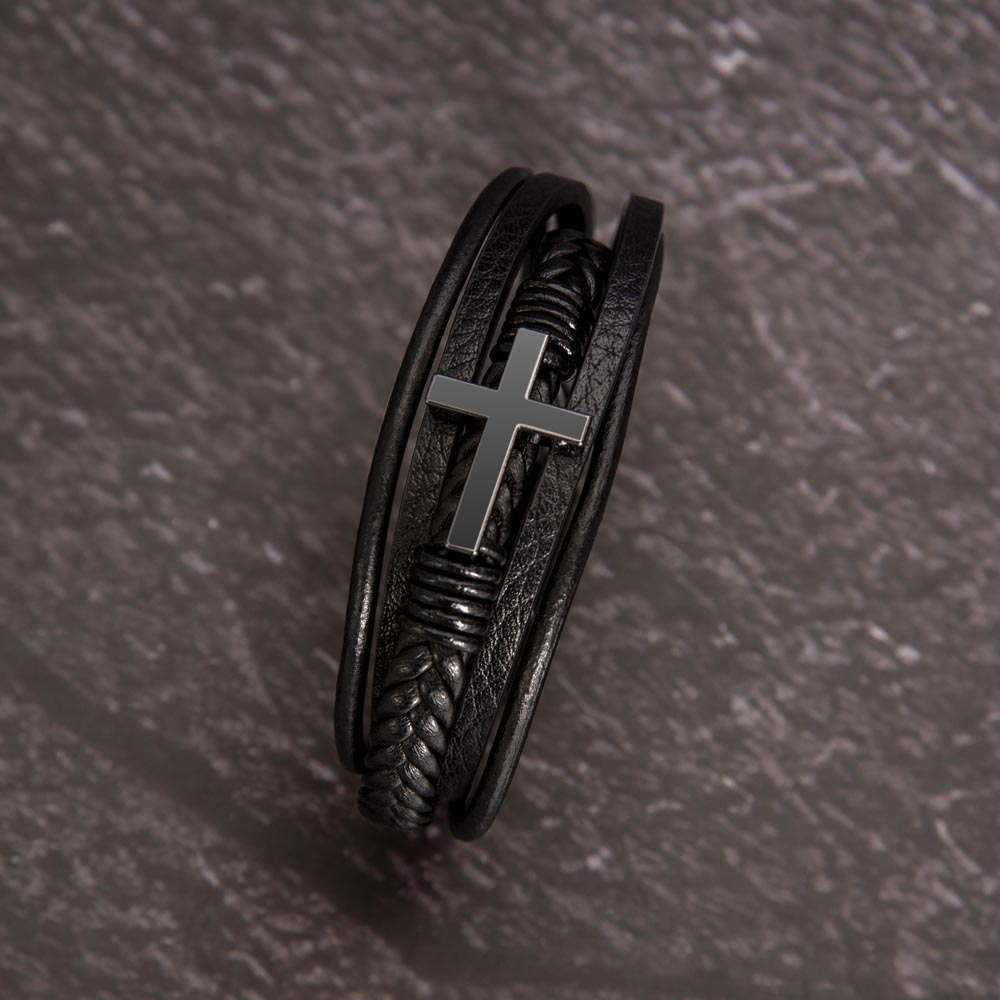 Simple Dark Leather and Stainless Steel Cross Bracelet