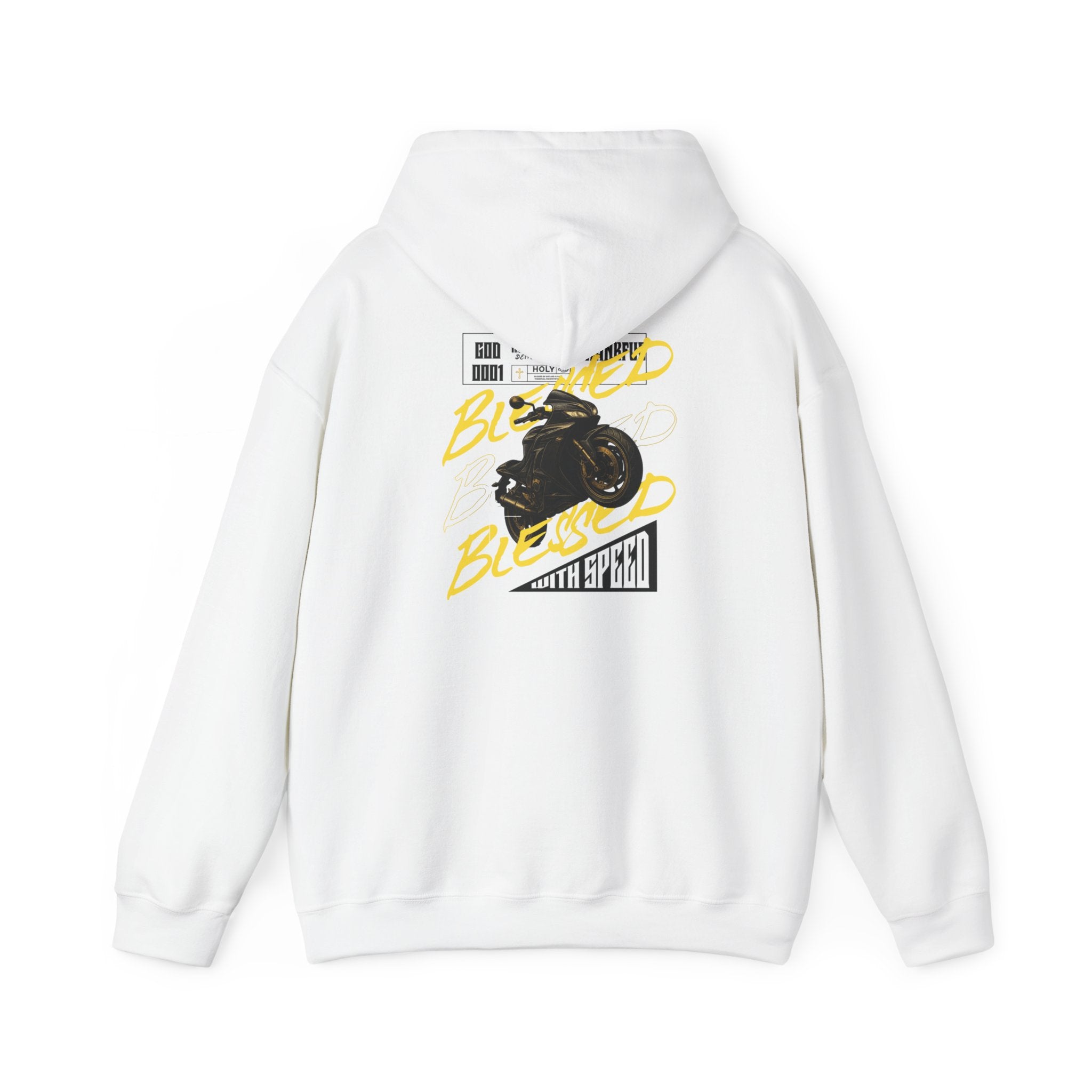 White motorcycle  hoodie with graphic design on the back against a white background