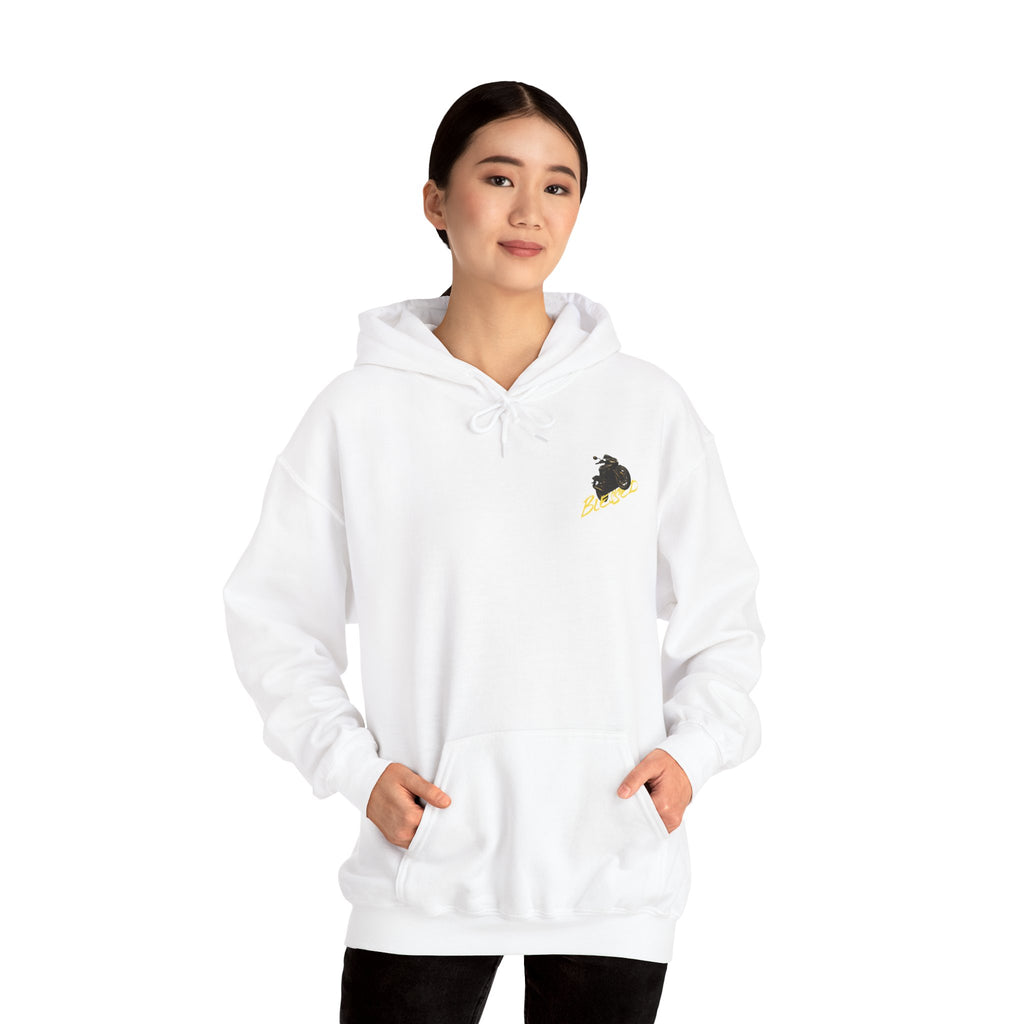 Person wearing a white motorcycle hoodie with a small logo on a white background