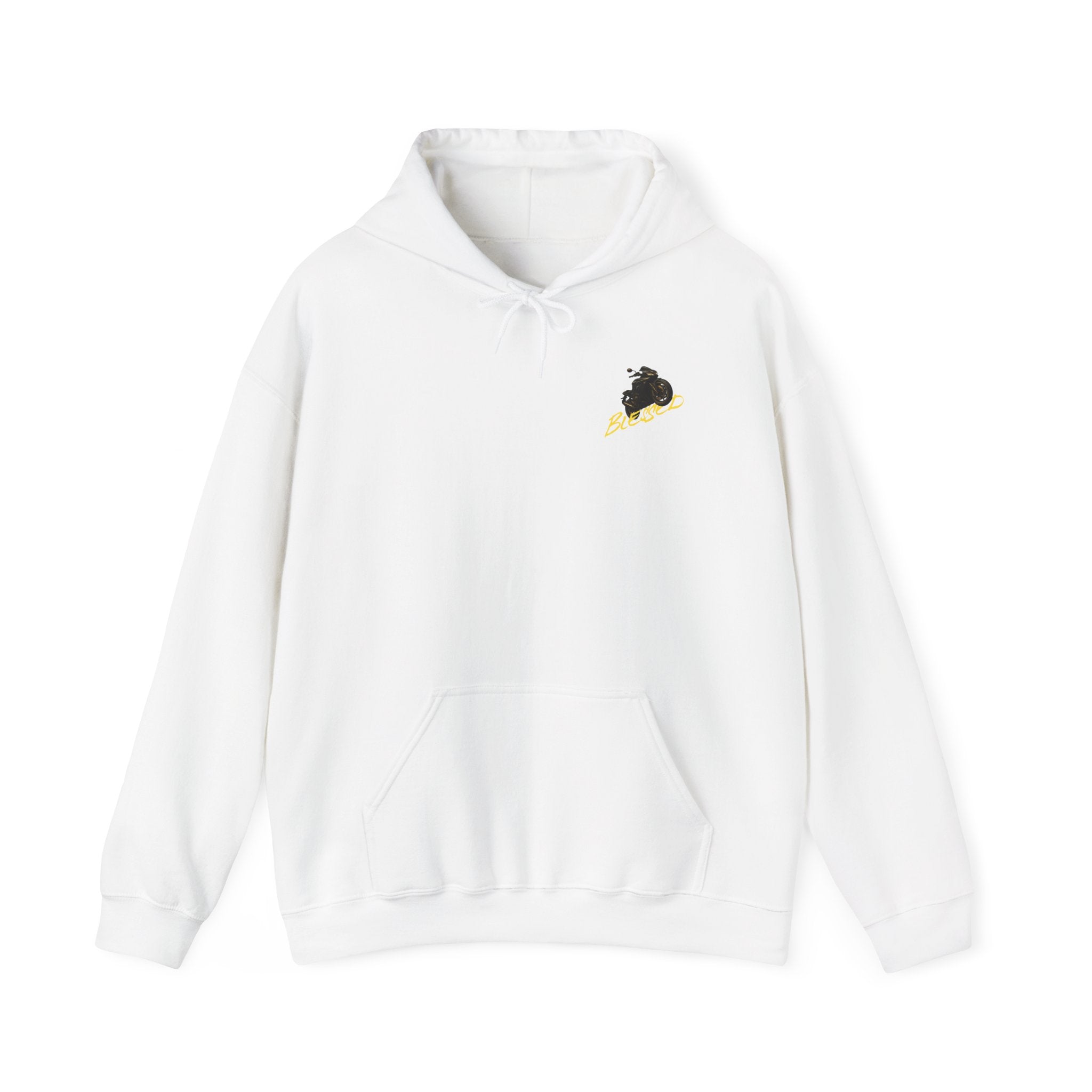 White motorcycle hoodie with a small logo on the chest against a white background