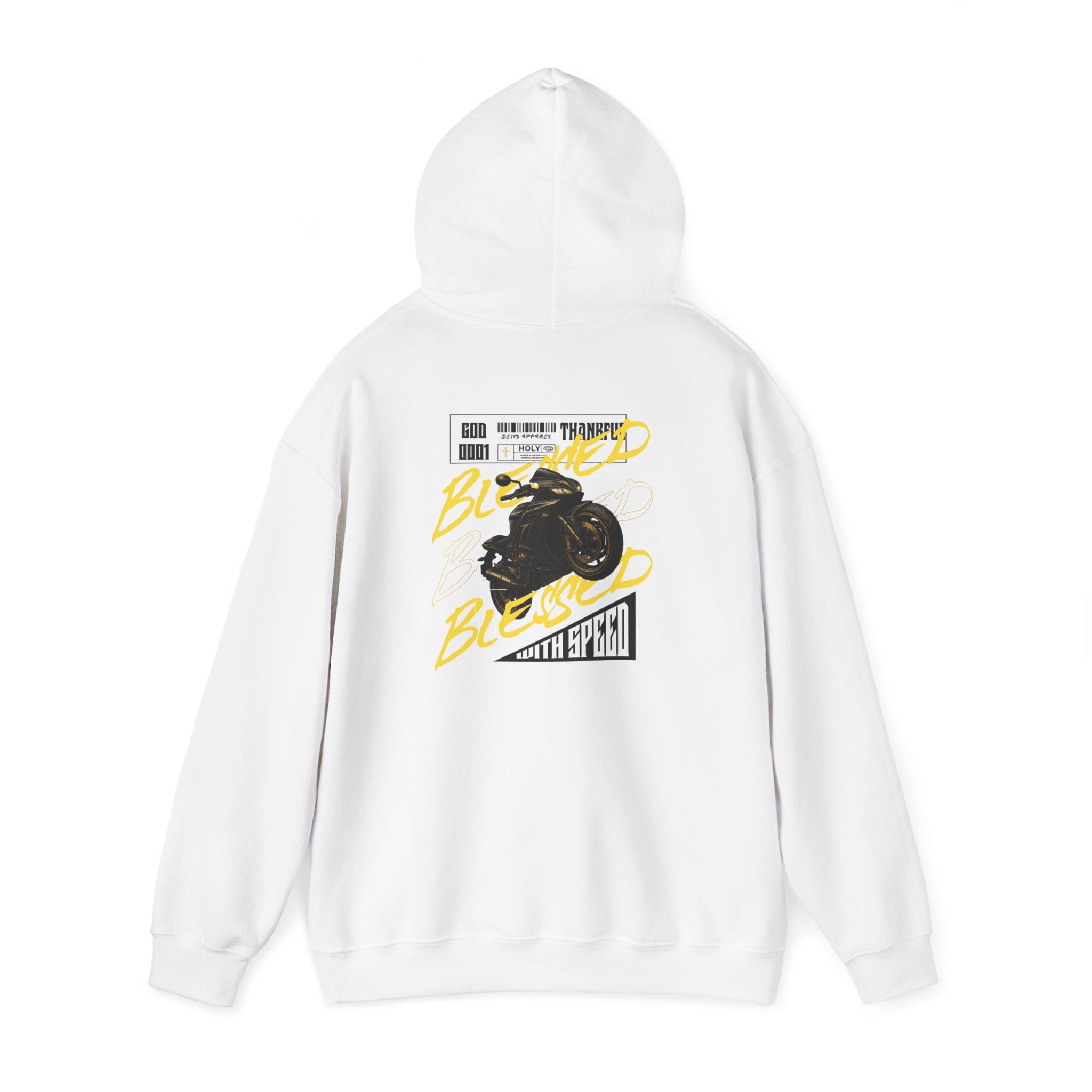 White hoodie with a graphic design on the back featuring a motorcycle and text, on a white background.