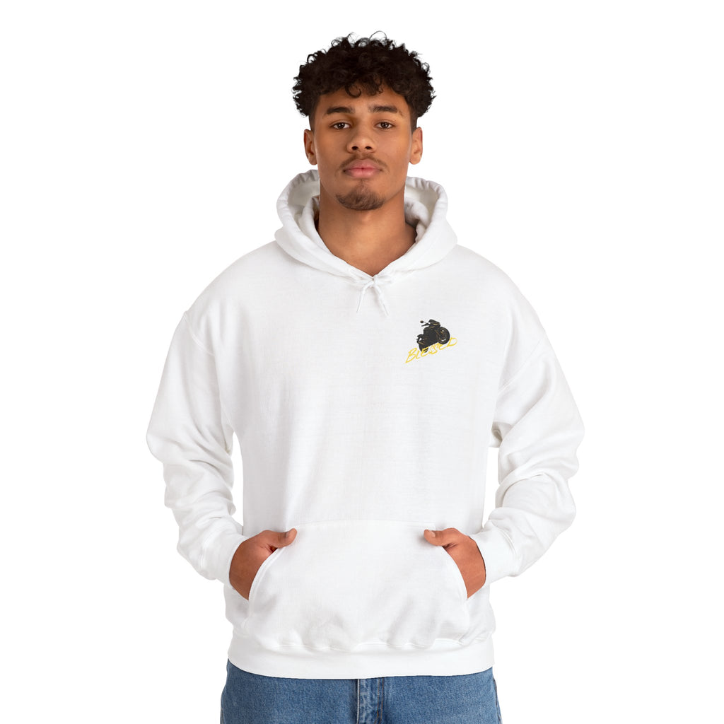 Person wearing a white motorcycle hoodie with a logo on a white background