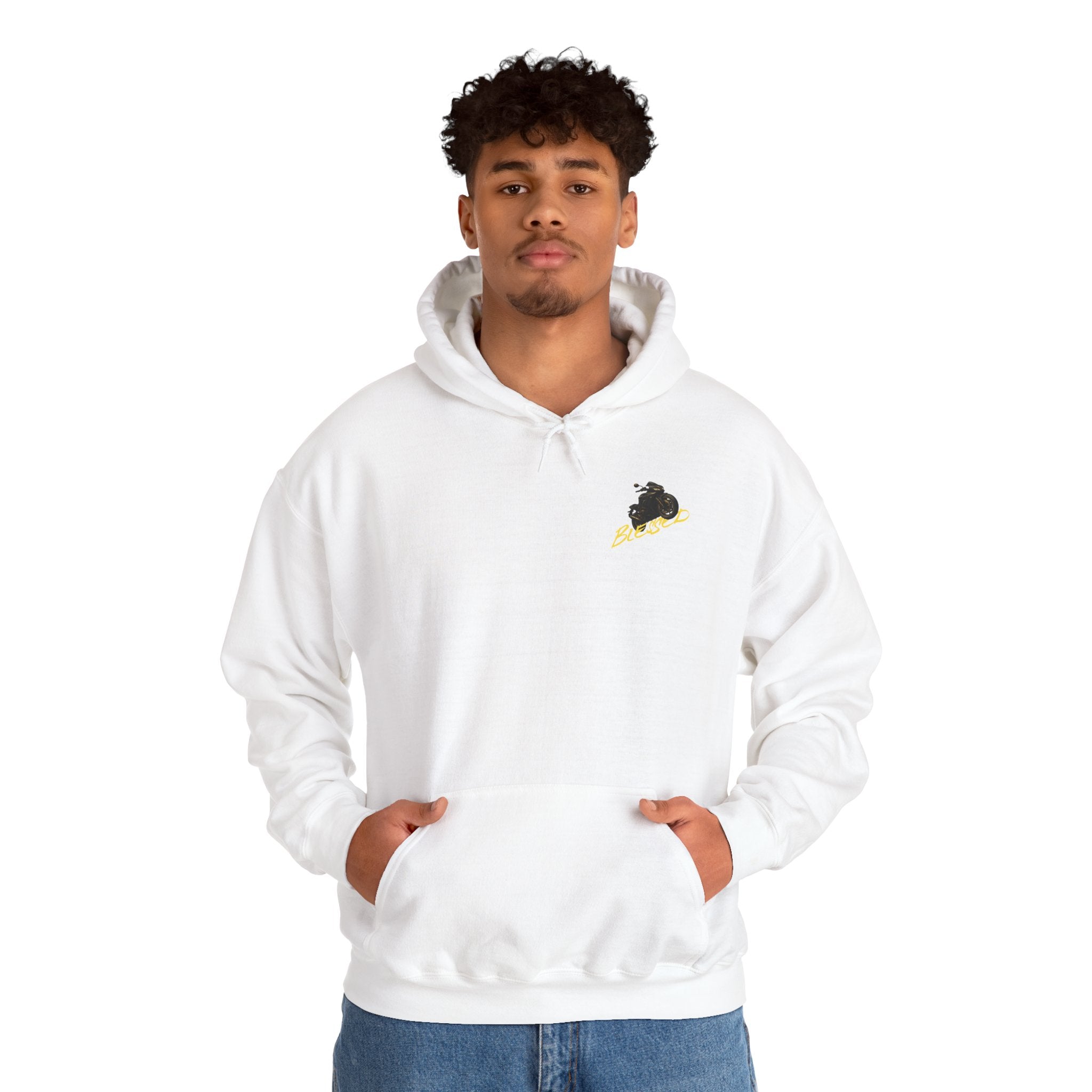 Person wearing a white motorcycle hoodie with a logo on a white background