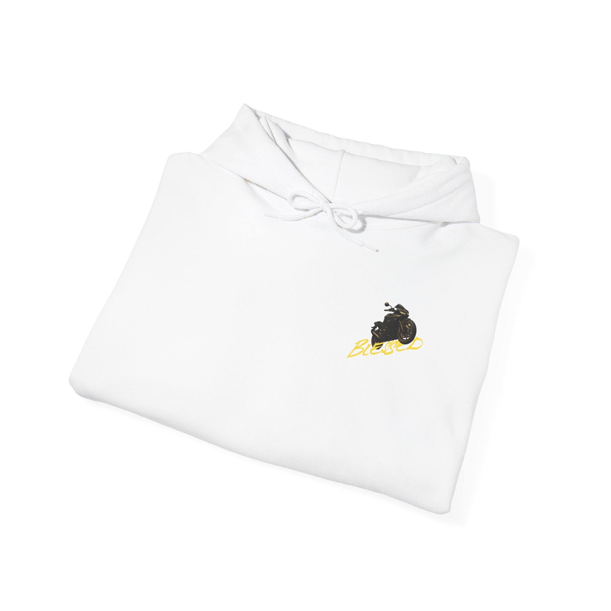 White motorcycle hoodie with simplistic design on front and design on back