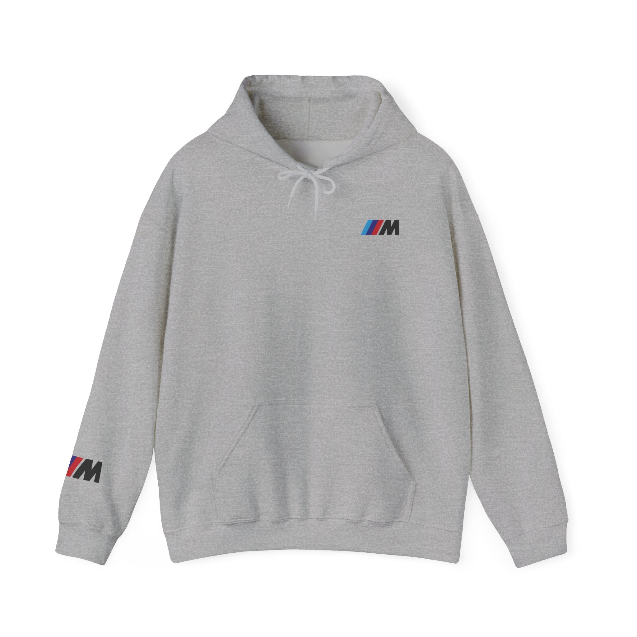 Gray hoodie with BMW M logo on a white background