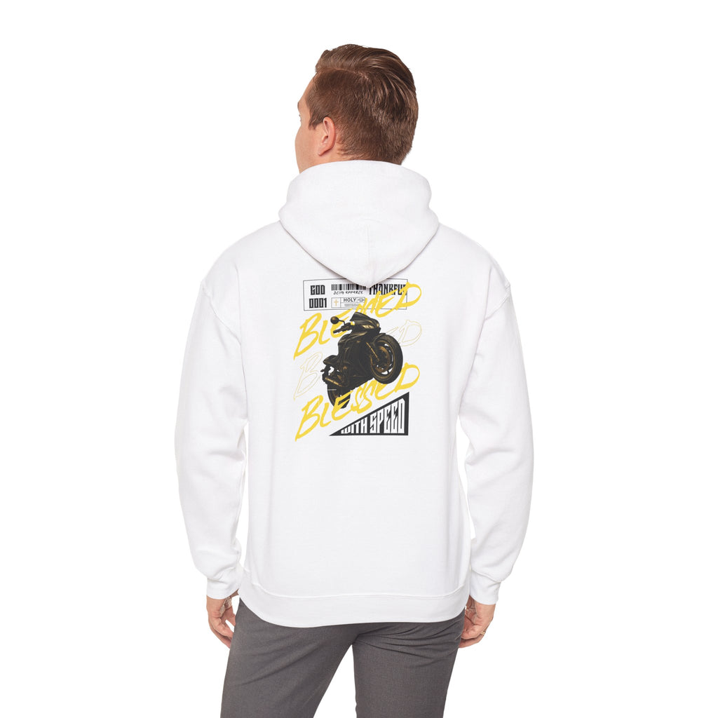 Person wearing a white motorcycle hoodie with a graphic design on the back against a white background