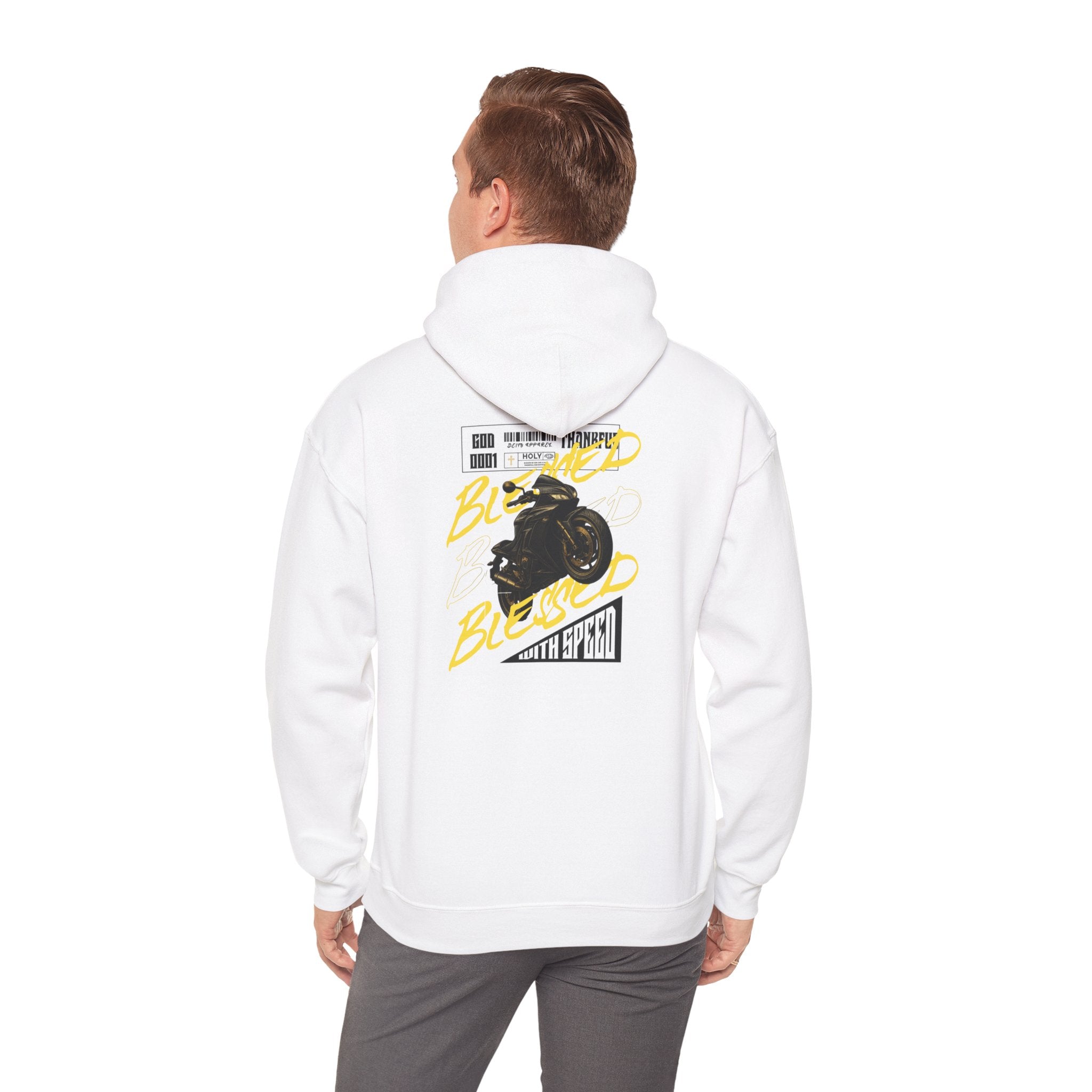 Person wearing a white motorcycle hoodie with a graphic design on the back against a white background