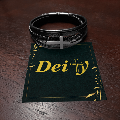 Simple Dark Leather and Stainless Steel Cross Bracelet