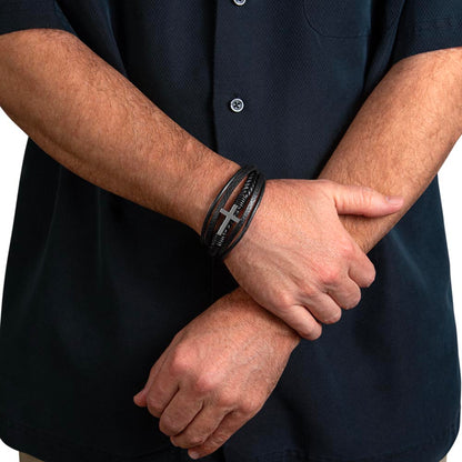 Simple Dark Leather and Stainless Steel Cross Bracelet