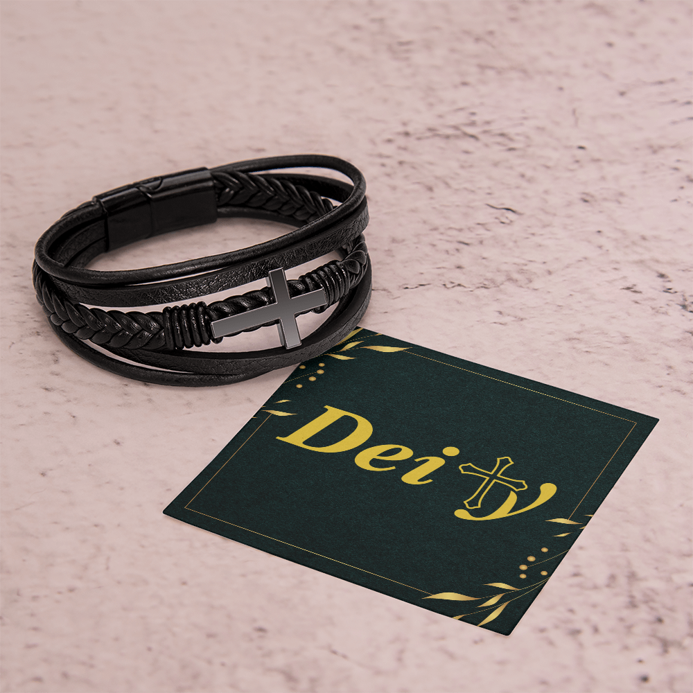 Simple Dark Leather and Stainless Steel Cross Bracelet