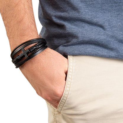 Simple Dark Leather and Stainless Steel Cross Bracelet