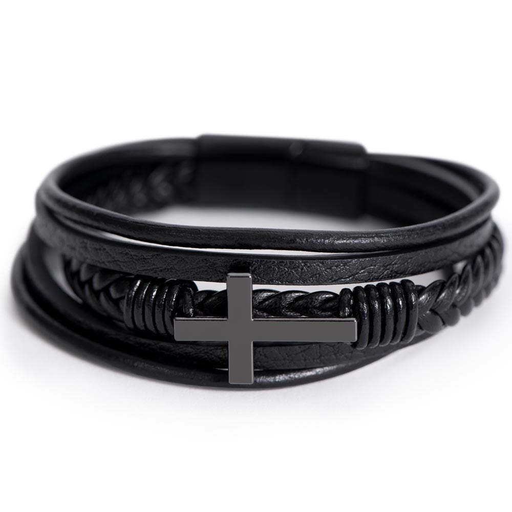 Simple Dark Leather and Stainless Steel Cross Bracelet
