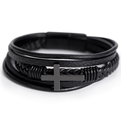 Simple Dark Leather and Stainless Steel Cross Bracelet