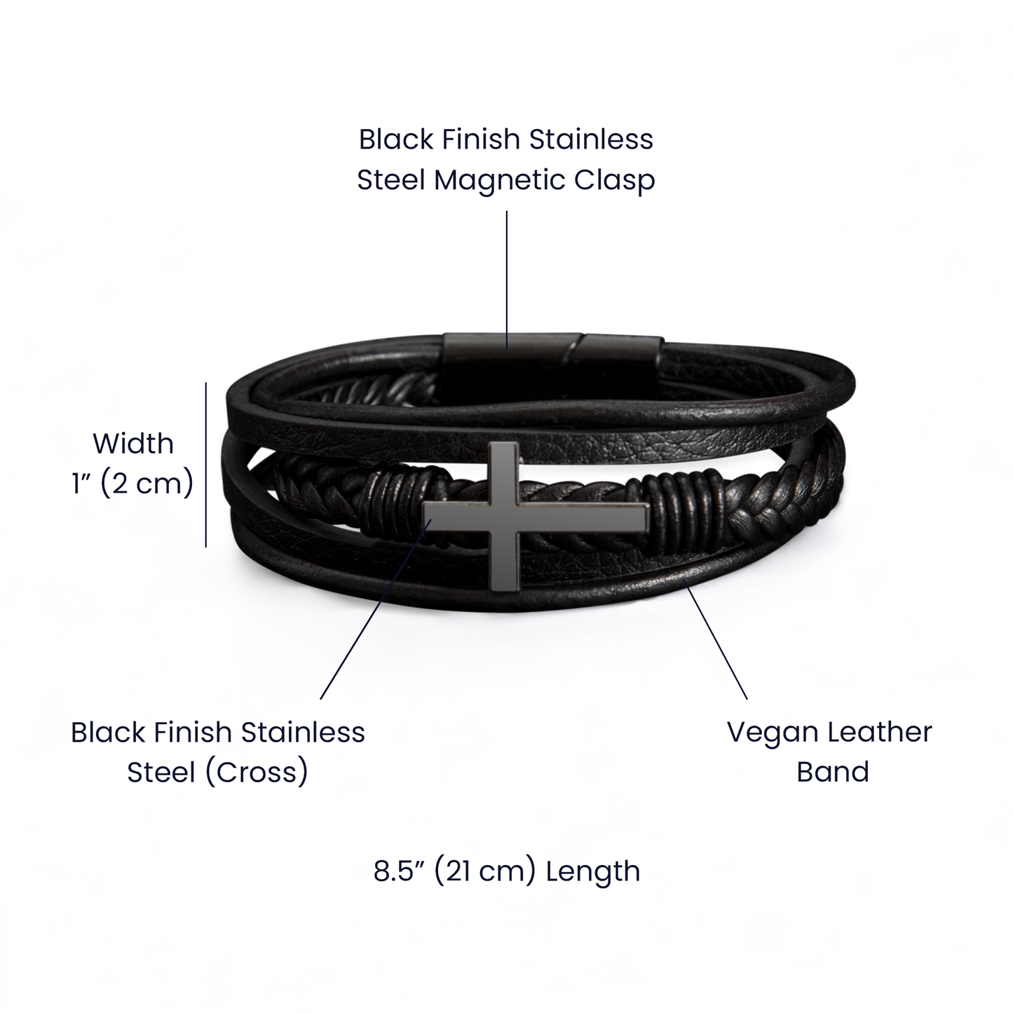 Simple Dark Leather and Stainless Steel Cross Bracelet
