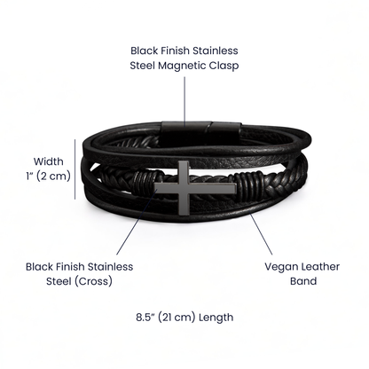 Simple Dark Leather and Stainless Steel Cross Bracelet