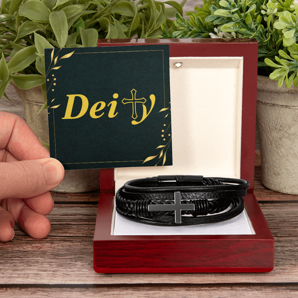 Simple Dark Leather and Stainless Steel Cross Bracelet